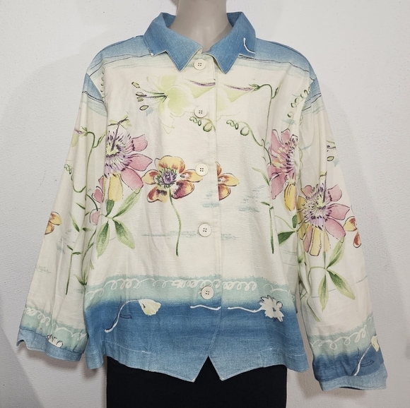Jackets & Blazers - TOUCH BLUE-Floral Print Women's Jacket - Blue and White